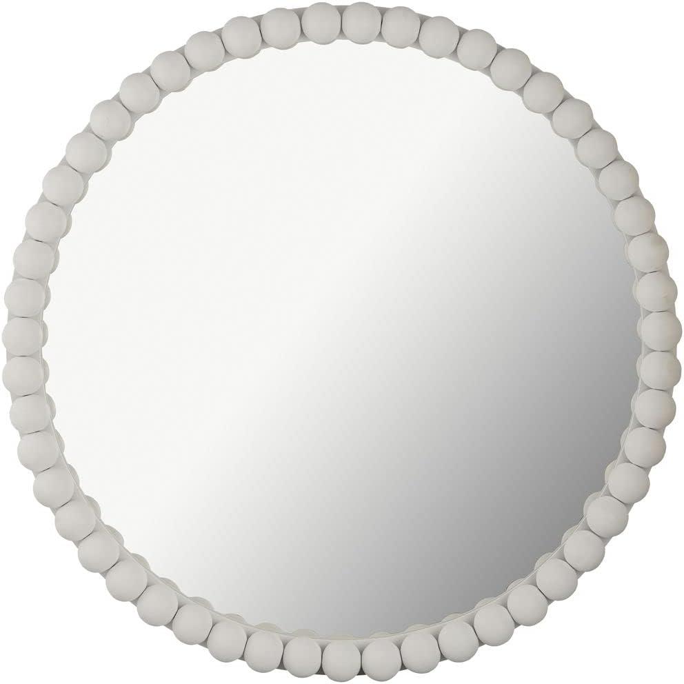 Baria 30" White Wood Round Wall Mirror with Beaded Frame