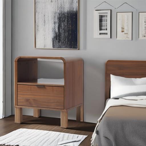 Walker Edison Modern Curved-Top Solid Wood 1-Drawer Nightstand with Open Cubby, 24 Inch, Brown