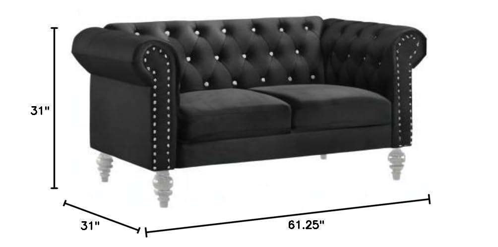 New Classic Furniture Glam Emma Velvet Two Seater Chesterfield Style Loveseat for Small Spaces with Crystal Button Tufts, Black