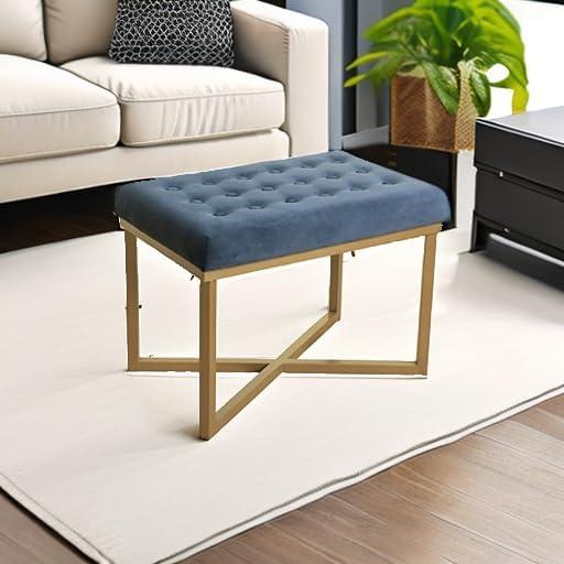 Blue Tufted Velvet Ottoman Bench with Gold Metal Base