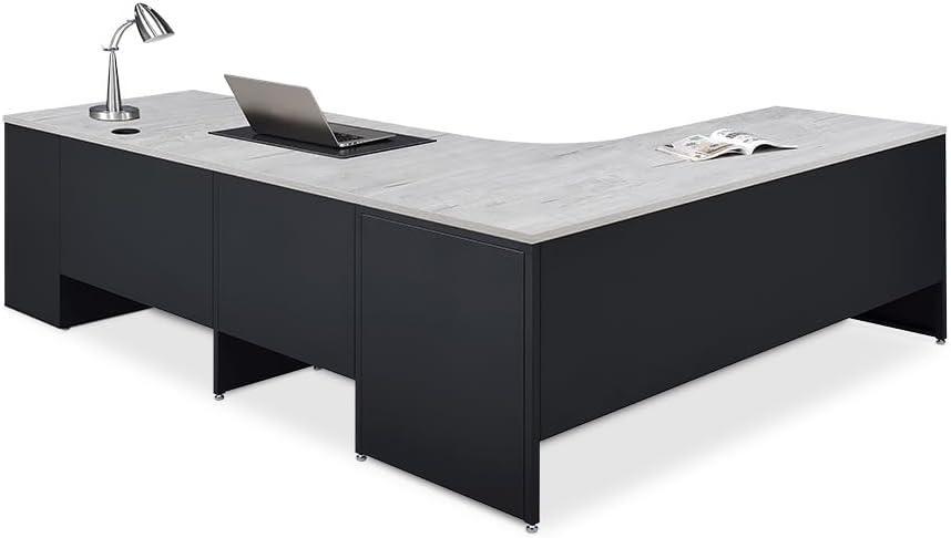 Oak and Black L-Shaped Executive Desk with Filing Cabinet