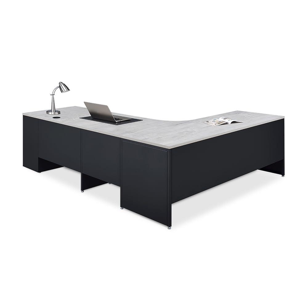 Oak and Black L-Shaped Executive Desk with Filing Cabinet
