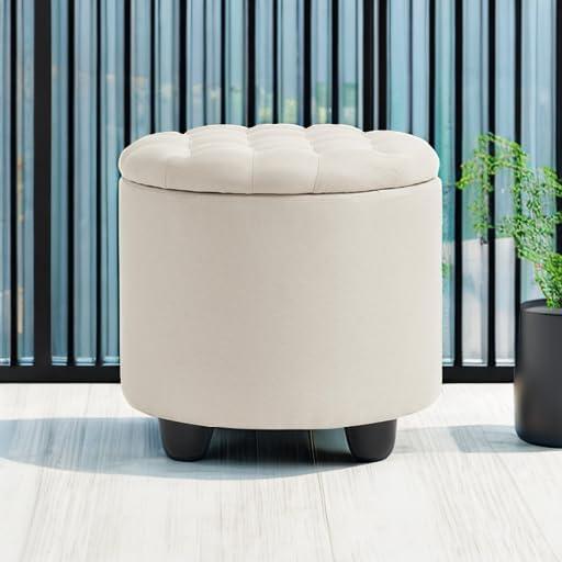 Furniliving Upholstered Round Storage Ottoman Large Tufted Ottoman with Removable Lid Footrest Stool for Living Room, Bedroom, Beige