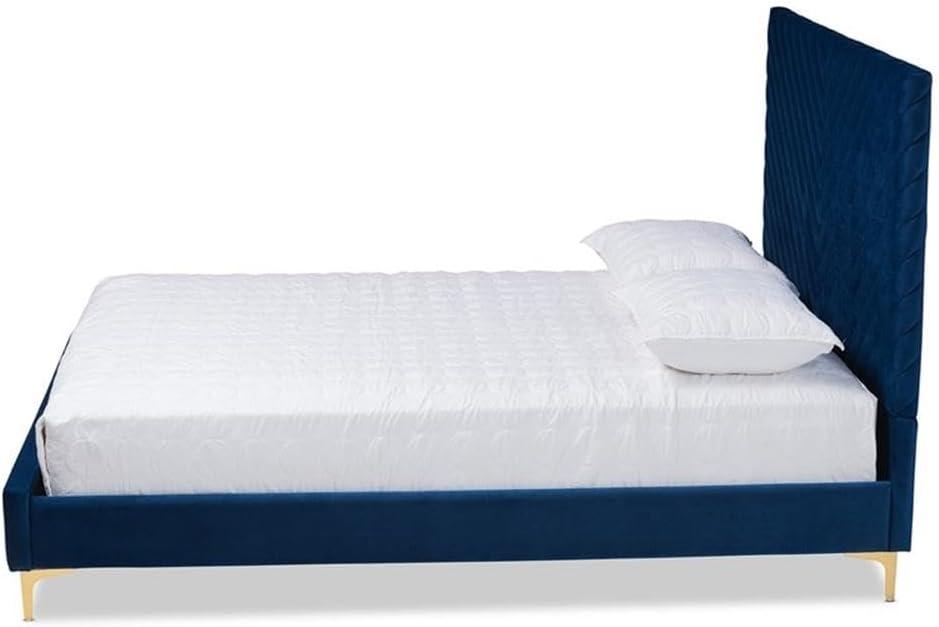 King Fabrico Velvet Fabric Upholstered and Metal Platform Bed Navy Blue/Gold - Baxton Studio