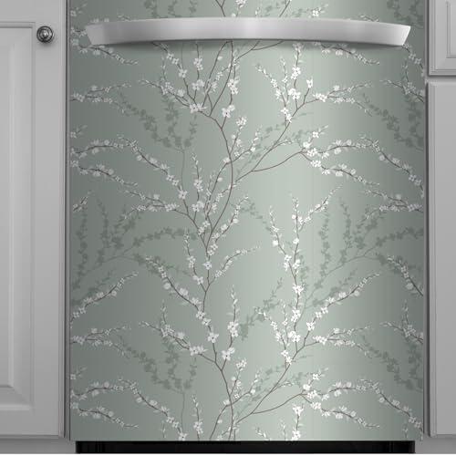Main Street 8-Pack 16" x 24" Wallpaper Panels. Sage Green Floral Peel and Stick Wallpaper Sheets in West Coast Branch Print. Renter-Friendly Wallpaper for Home