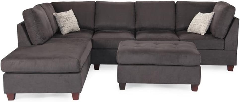 Poundex 3 Piece Fabric Sectional Sofa Set with Ottoman in Ebony Gray