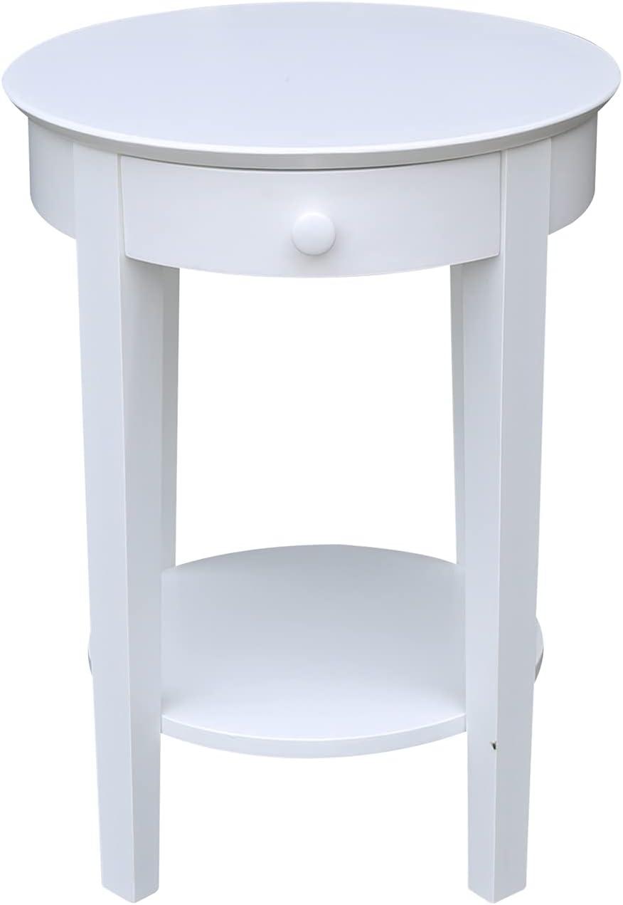 Elegant Round White Parawood Accent Table with Drawer and Shelf