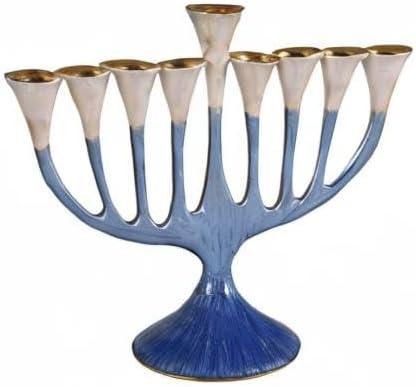 Artistic Floral Hanukkah Menorah - Trumpet Flower Hanukkiah Enamel Plated Painted in Blue and Gold - fits Standard Chanukah Candles - Comes in a Gift Box Collectible Candle Menorahs by Zion Judaica