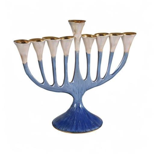 Artistic Floral Hanukkah Menorah - Trumpet Flower Hanukkiah Enamel Plated Painted in Blue and Gold - fits Standard Chanukah Candles - Comes in a Gift Box Collectible Candle Menorahs by Zion Judaica
