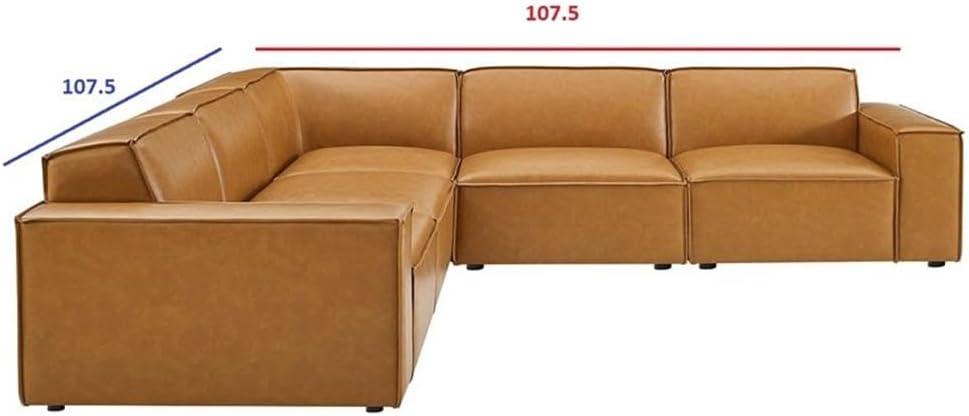 Beige Vegan Leather Tufted 5-Piece Reception Sectional with Ottoman