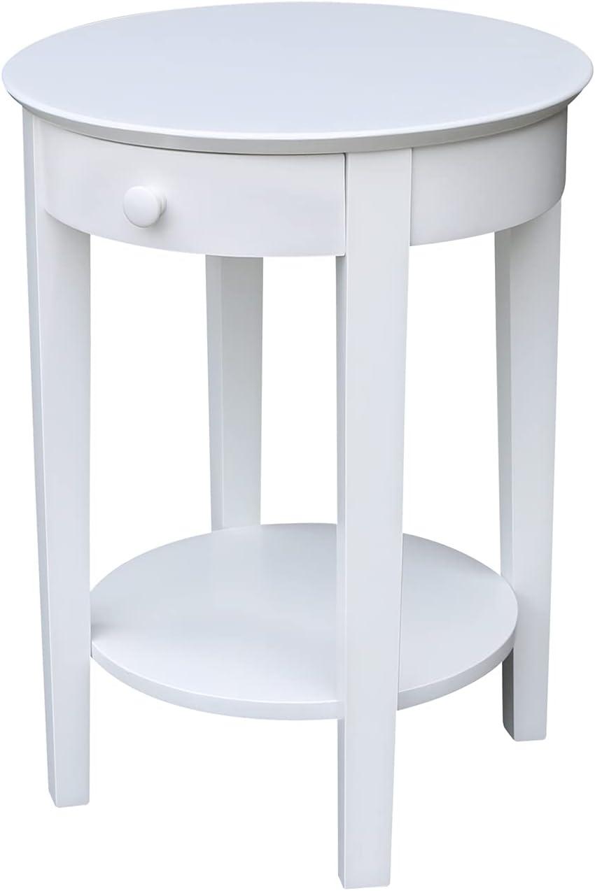 Elegant Round White Parawood Accent Table with Drawer and Shelf