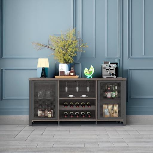 Industrial Dark Gray Oak Bar Cabinet with Mesh Doors and Storage Rack