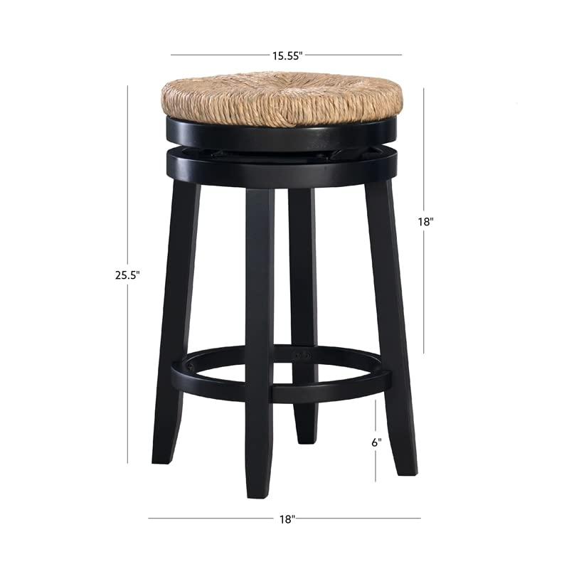 Linon Maya 25.5" Rubberwood Counter Stool Natural Seagrass Swivel Seat in Black