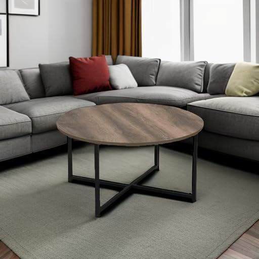 Round Coffee Table Ashwood Rustic Wood Grain and Black Metal 31.5 x 31.5, Taupe