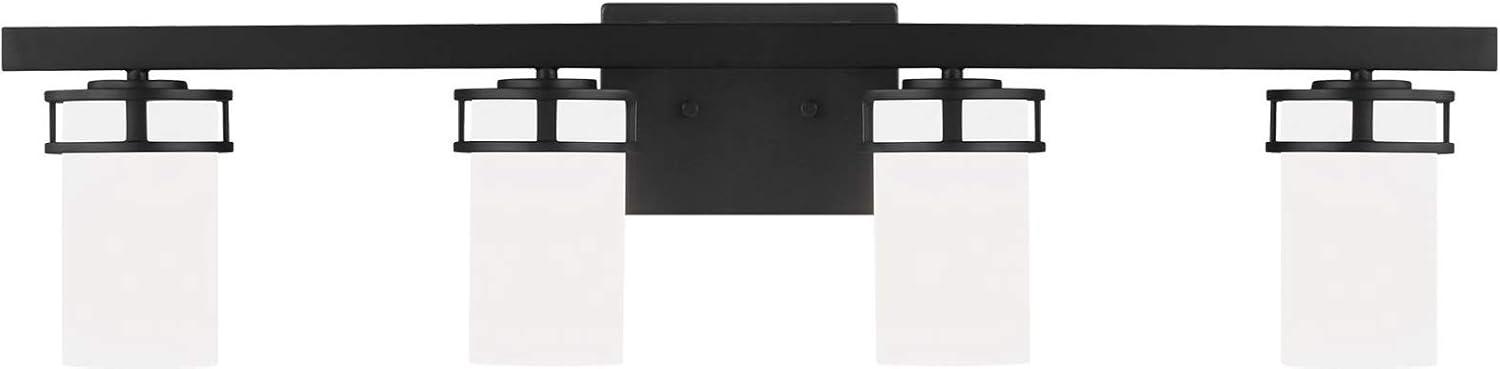 Robie 34 in. 4-Light Matte Black Transitional Rustic Wall Bathroom Vanity Light with Etched White Glass Shades
