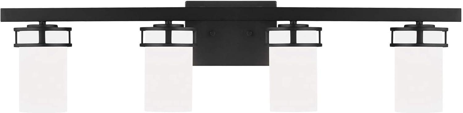 Robie 34 in. 4-Light Matte Black Transitional Rustic Wall Bathroom Vanity Light with Etched White Glass Shades