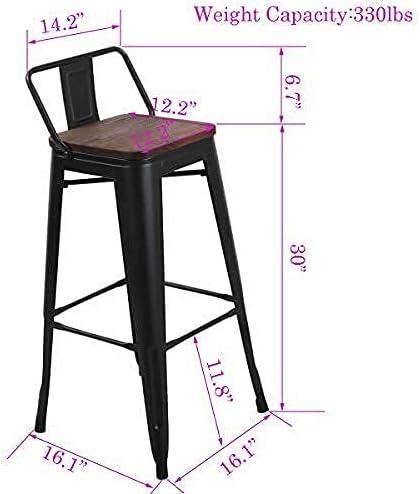 Industrial Black Metal Bar Stools with Wood Seats, Set of 4