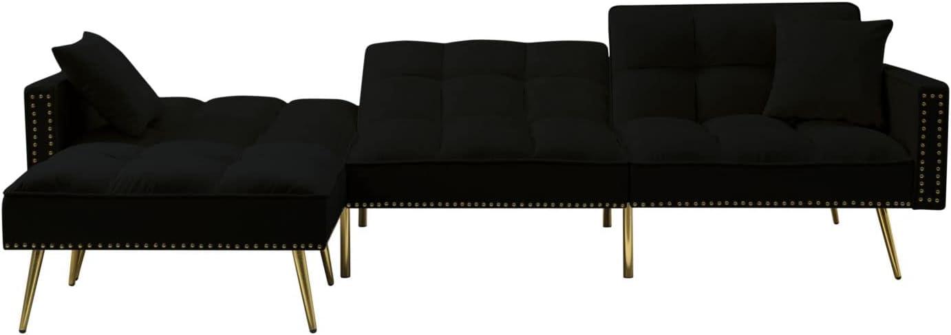 Eafurn Velvet Upholstery Convertible Sleeper Sofa Bed with Reversible Chaise,L Shaped Sectional Couch w/Reclining Backrest and 2 Pillows,Comfy Corner Sofa & Coues for Living Room Furniture Sets