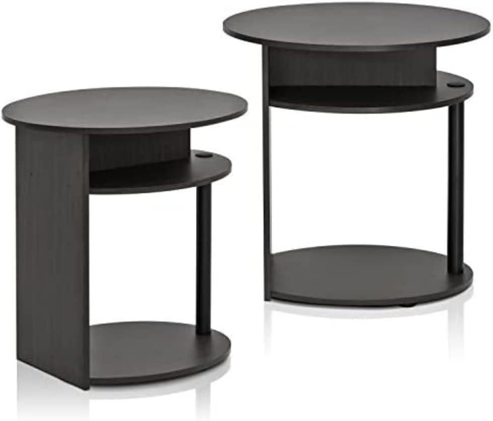 Jaya Black Round Wood End Table Set with Shelves