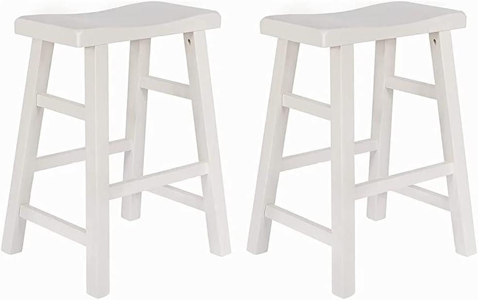 eHemco Heavy-Duty Solid Wood Saddle Seat Kitchen Counter Height Barstools, 24 Inches, Set of 2, White