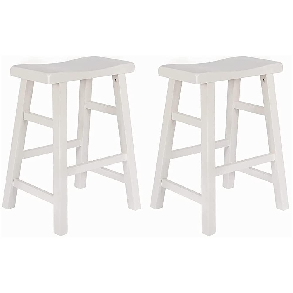 eHemco Heavy-Duty Solid Wood Saddle Seat Kitchen Counter Height Barstools, 24 Inches, Set of 2, White