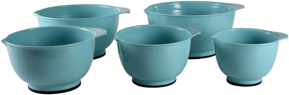 KitchenAid Set of 5 Mixing Bowls Aqua Sky: Plastic Nesting Bowls, Easy-Pour Spout, Dishwasher-Safe, BPA-Free