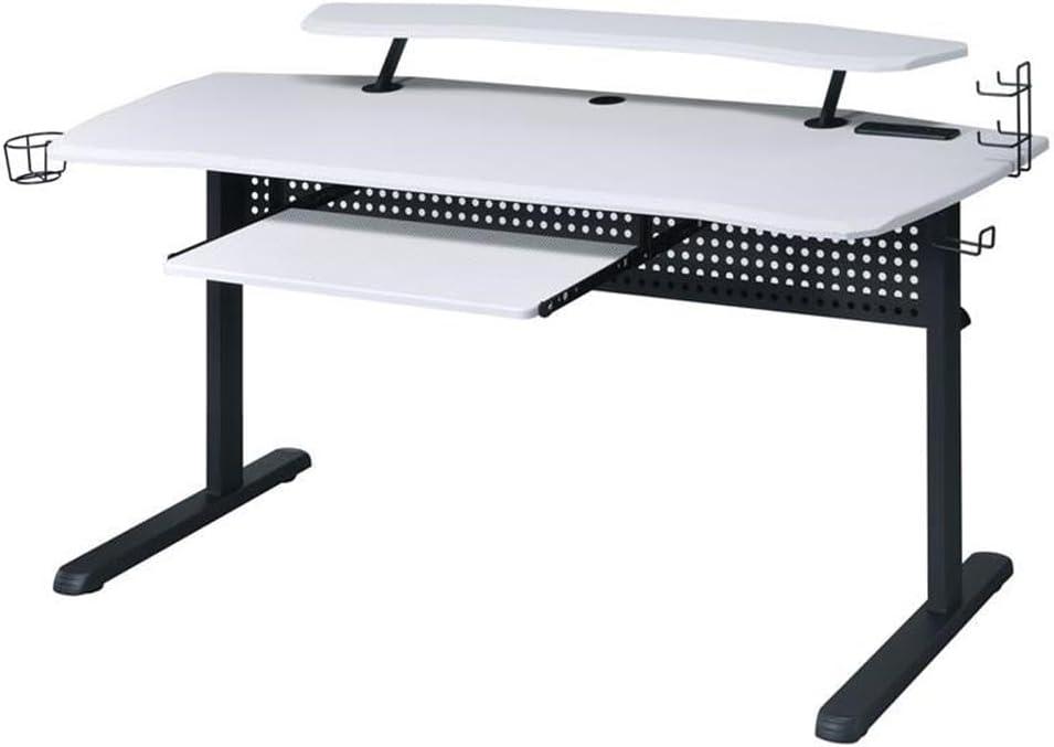 Vildre Gaming Desk with USB Port Black/White - Acme Furniture: Hutch, Power Outlets, Cupholder, Controller Stand