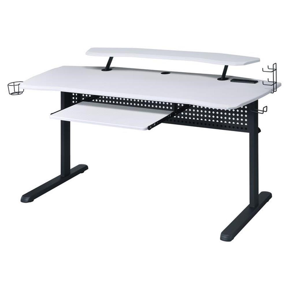 Vildre Gaming Desk with USB Port Black/White - Acme Furniture: Hutch, Power Outlets, Cupholder, Controller Stand