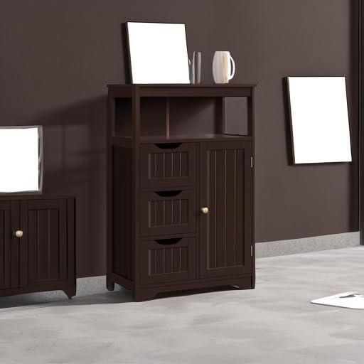 Espresso MDF Bathroom Floor Cabinet with Adjustable Shelving