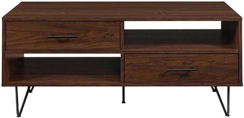 42" 2-Drawer Wood Coffee Table with Hairpin Legs - Dark Walnut/ Black