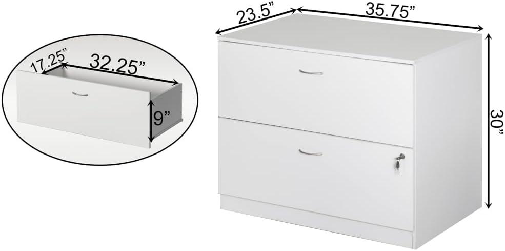 Basicwise 30" Wooden Lateral File Cabinet with Two Spacious Drawers, One Lockable - Suitable for Home Office, Offering Ample Space