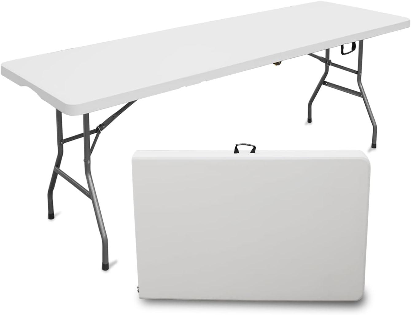 Plainsity 6ft Plastic Folding Table - Portable, Foldable, Heavy Duty Dining Table for Parties, Weddings, BBQs, Camping, Backyard Events - Indoor/Outdoor Utility Table with Carrying Handle White