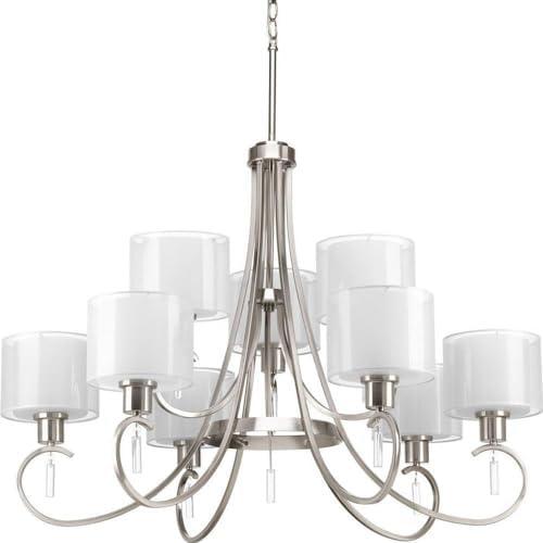 Progress Lighting, Invite Collection, 9-Light, Two-Tier Chandelier, Brushed Nickel, Translucent Sheer Mylar Shade