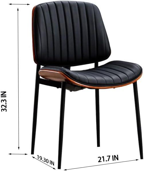 Dining Chairs Set of 2, Mid Century Modern Retro Faux Leather Chair with Walnut Bentwood Back, Upholstered Seat Metal Legs & Adjustable Foot for Kitchen Dining Room Chairs(Black PU)