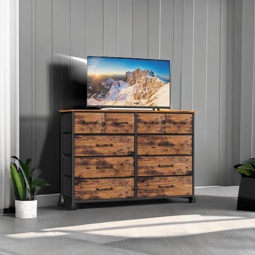 Furnulem Bedroom Dresser for 55”Long TV Stand,10 Storage Organizer Dressers & Chests of Drawers, Sturdy Metal Frame & Wood Top Tall Storage Cabinet for Bedroom Closet Living Room Entryway Rustic Brown