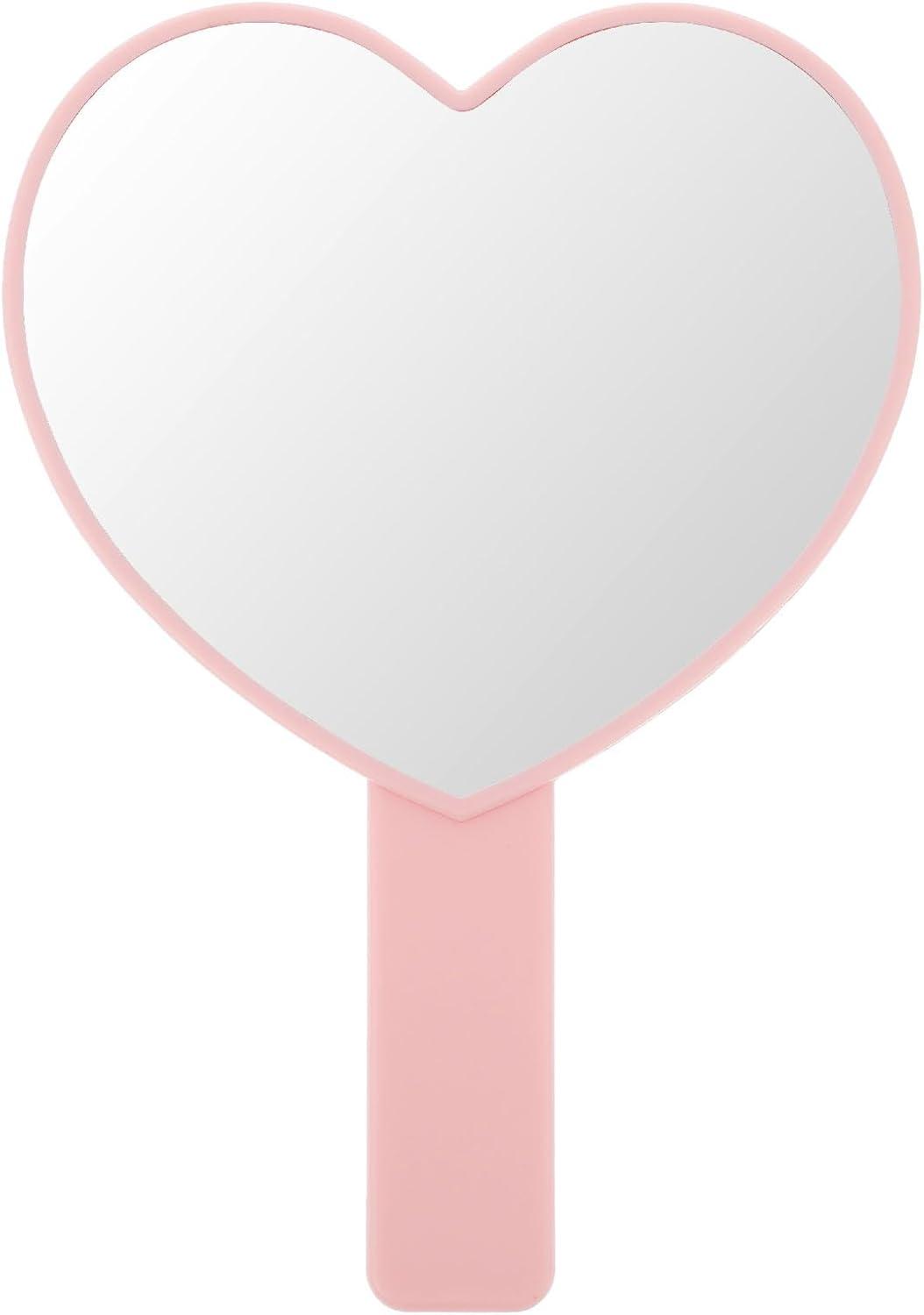 Heart-Shaped Travel Handheld Mirror, Cosmetic Hand Mirror with Handle Pink