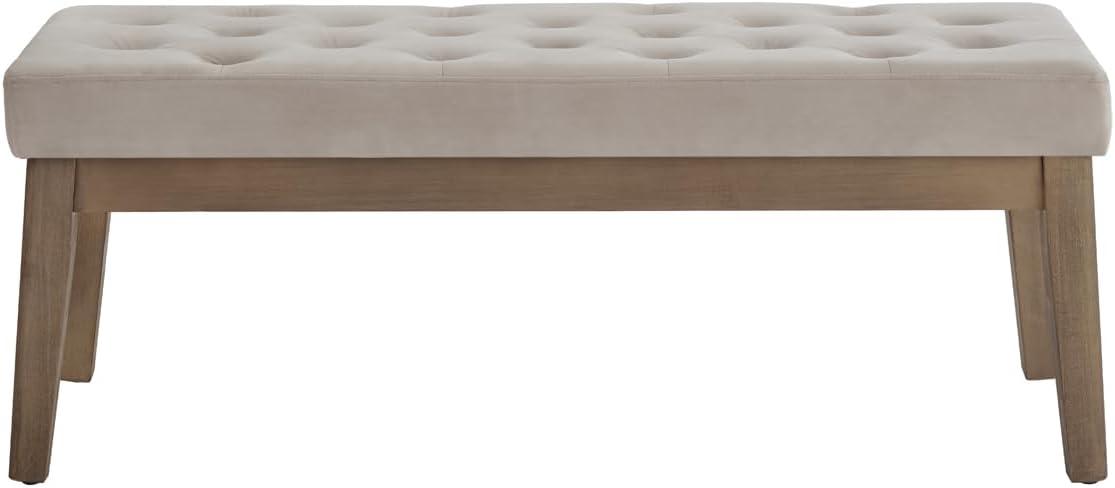 Taupe Velvet Upholstered Tufted Bench with Solid Wood Legs