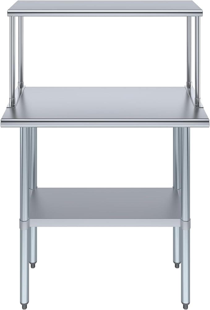 AmGood 18" x 36" Stainless Steel Work Table With 12" Wide Double Tier Overshelf | Metal Kitchen Prep Table & Shelving Combo
