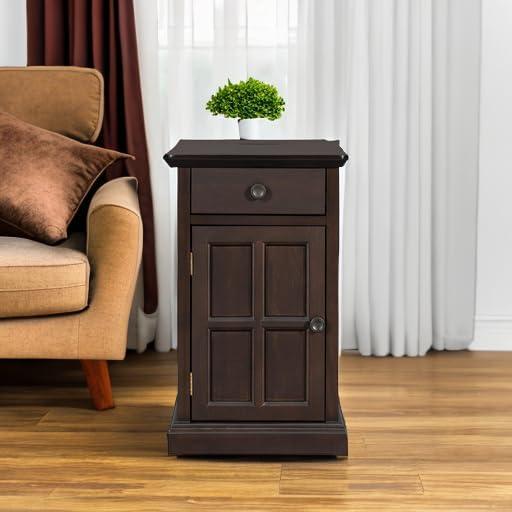 Classic Vintage Livingroom End Table with Storage Shelf, Charge Station, Side Table with USB Ports and One Multifunctional Drawer with cup holders, Antique Espresso