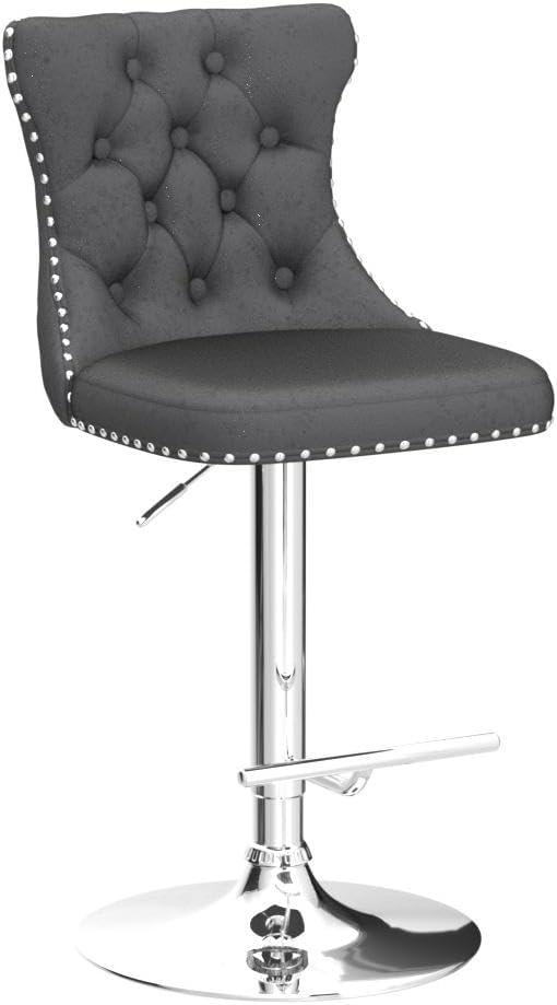 Swivel Bar Stools Set of 2, Adjustable Counter Height Barstools with Wing Back, Nailheads Trim and Sliver Footrest, Velvet Button Tufted Upholstered Bar Chairs for Dining Room Kitchen Island, Gray