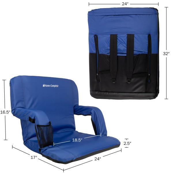 Wide Stadium Seat Chair - Bleacher Cushion with Padded Back Support, Armrests, 6 Reclining Positions and Portable Carry Straps by Home-Complete (Blue)