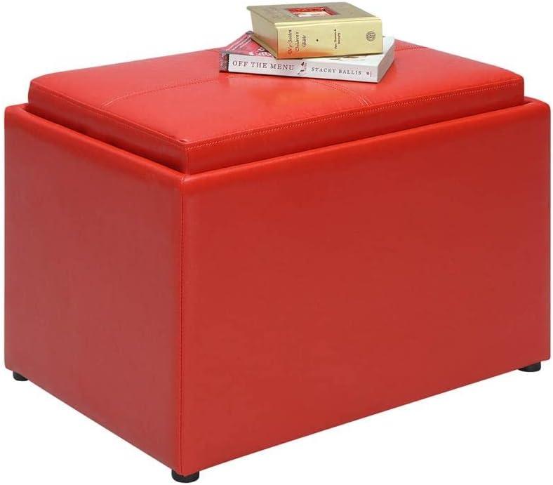 Versatile Bright Red Faux Leather Ottoman with Reversible Tray