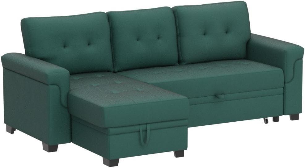 Lucca Green Linen Fabric Reversible Sleeper Sectional Sofa with Storage Chaise