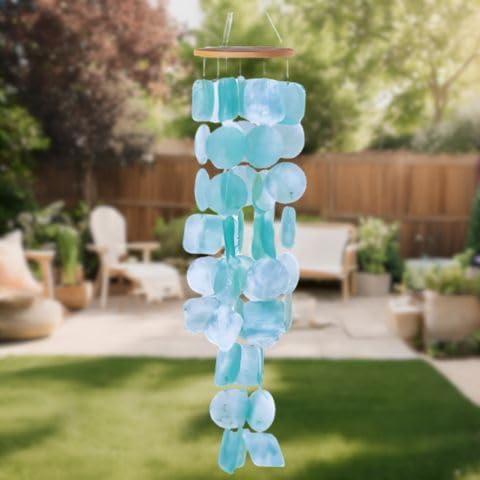 Natural Teakwood and Aqua Capiz Shell Outdoor Wind Chime