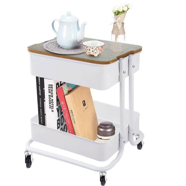 Melody House 2 Tier Metal Utility Rolling Cart Storage Organizer with Cover Board, Mobile Trolley Sofa Side Table with Wheels for Office Home Kitchen Organization, White