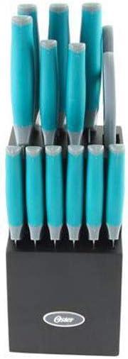 Oster Lindbergh 14 Piece Stainless Steel Cutlery Set in Teal with Wooden Block