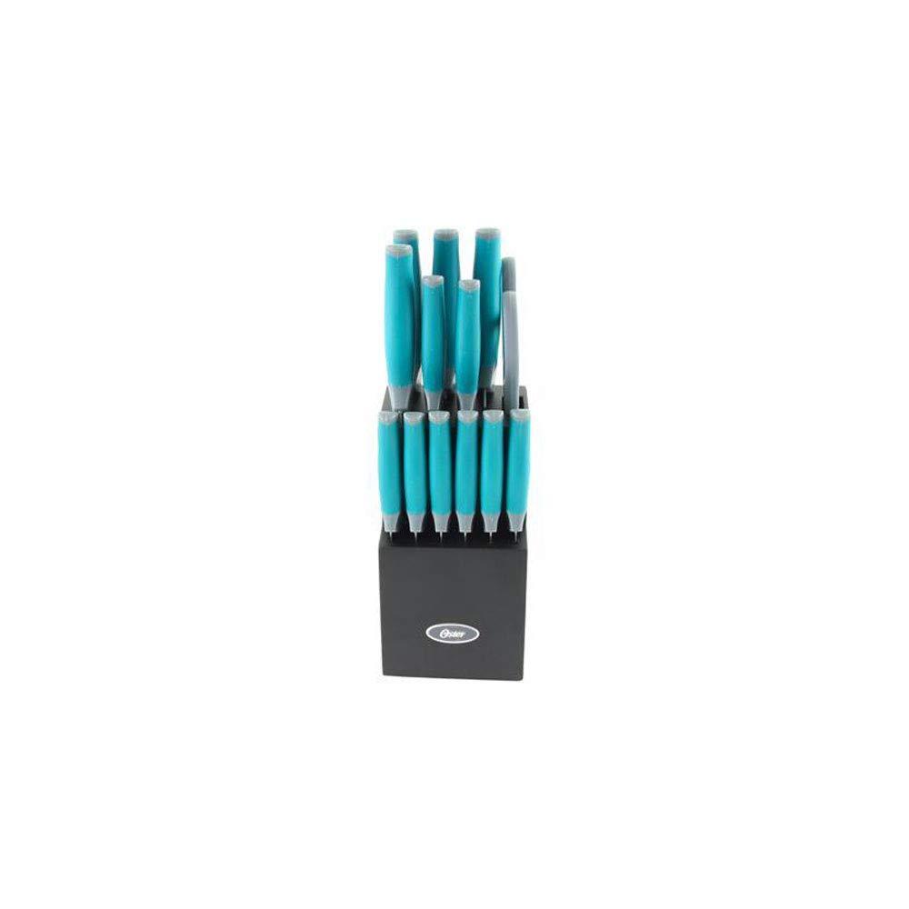 Oster Lindbergh 14 Piece Stainless Steel Cutlery Set in Teal with Wooden Block
