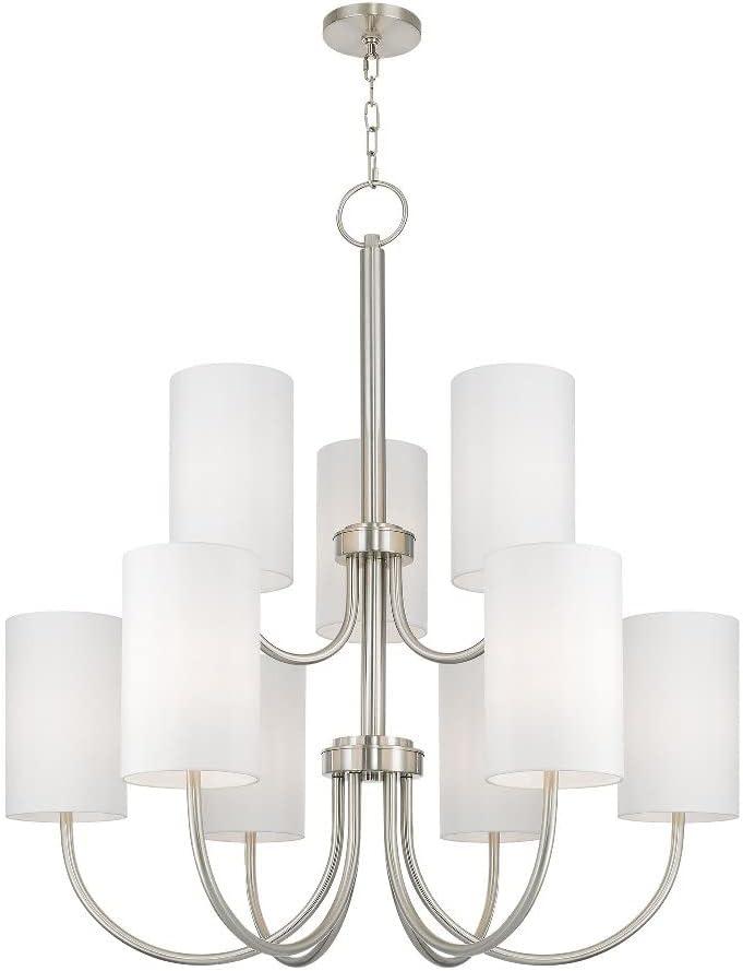 English Bronze 9-Light Drum Chandelier with Oatmeal Fabric Shade