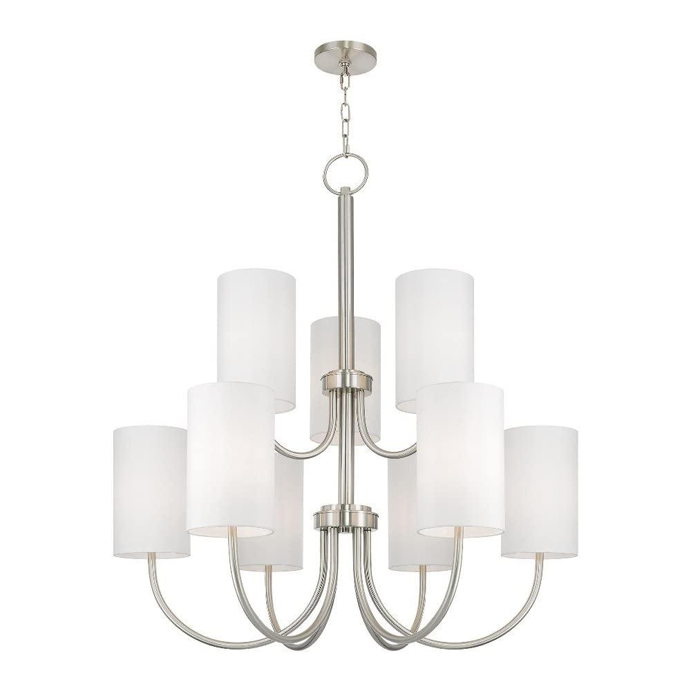 English Bronze 9-Light Drum Chandelier with Oatmeal Fabric Shade
