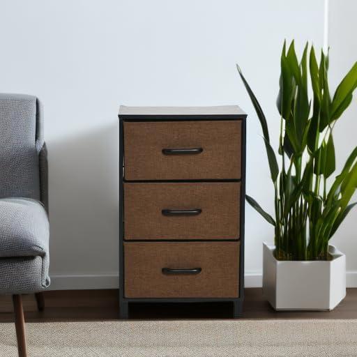 Household Essentials Dresser Nightstand Chest of Drawers Black Oak Wood Grain with 3 Brown Storage Drawers